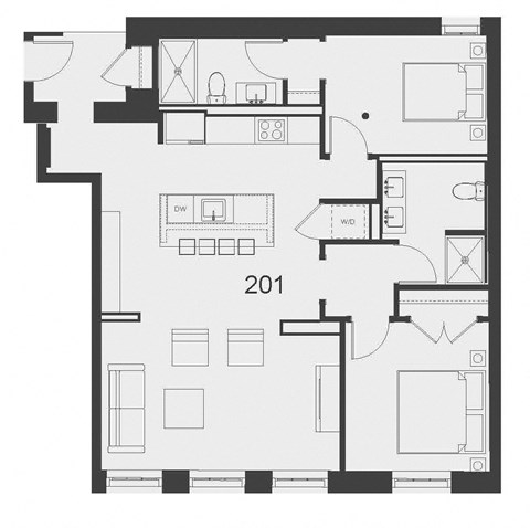 Floor plan for 2 beds, 2 baths, 1177 sqft